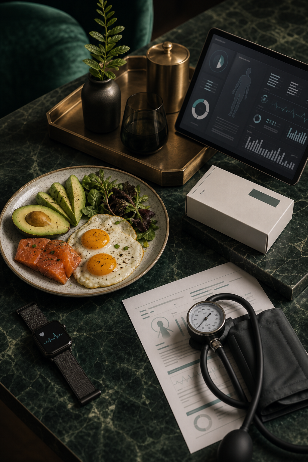 Ketogene Mahlzeit, Blutdruckmanschette und Tablet mit abstraktem Gesundheitscheck